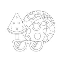 Beach set for summer trips. Sunglasses, watermelon ice cream, inflatable ball. Line art. vector