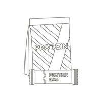 Protein, protein bar. Various Sport equipment. Fitness inventory, gym accessories. Workout stuff bundle. Line art. vector