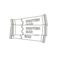 Protein bars. Various Sport equipment. Fitness inventory, gym accessories. Workout stuff bundle. Line art. vector