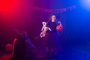 Funny child girl in witch costume for Halloween with pumpkin Jack and dog. photo