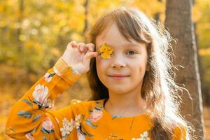 cerca retrato de un pequeño muchacha. ella cubre su ojo con un arce otoño hoja. otoño temporada y niños concepto. foto