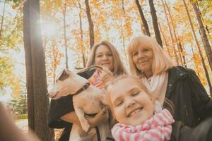 Three generations of women and dog feel fun look at camera posing for self-portrait picture together, funny excited child, mom and grandmother have fun enjoy weekend take selfie on gadget in autumn photo