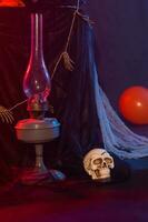 Symbol of Halloween. dark background. Halloween card. Lamp in decorations. Background. photo