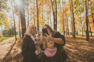 Mother, grandmother and little granddaughter with jack russell terrier dog taking selfie by smartphone outdoors in autumn nature. Family, pets and generation concept photo