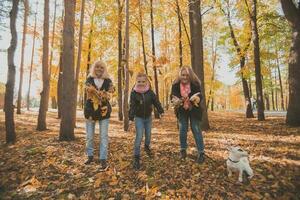 Grandmother and mother with granddaughter throw up fall leaves in autumn park and having fun. Generation, leisure and family concept. photo