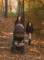 Mother and her little daughter and a baby in pram on walk in autumn wood photo