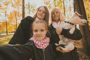 Mother, grandmother and little granddaughter with jack russell terrier dog taking selfie by smartphone outdoors in autumn nature. Family, pets and generation concept photo