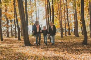 Grandmother and mother with granddaughter walks together in autumn park and having fun. Generation, leisure and family concept. photo