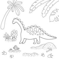 Dinosaur coloring page. Cute cartoon dinosaur and his nest with little dino. Black and white vector illustration for coloring book. Dino mam and baby into jungle. Dinosaurs activity.