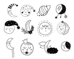 Baby moon clipart. Kids moon set. Cute characters. Sleepy moon elements isolated clipart. Sleeping moon face. Baby dream collection. Nursery art. Simple doodle. Childish print. Vector illustration.