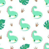Dinosaur seamless pattern with funny dinosaurs in cartoon style. Cute dino print in green colors Cards invitations party banners baby shower preschool textile fabric decoration. Vector illustration.