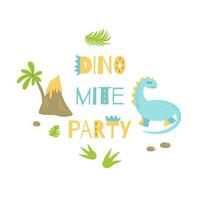 Dino party Invitation card or poster with text. Cute dinosaur in cartoon kids style. Bright colors Happy birthday dinosaur invitation template. Baby print dino. Vector illustration.