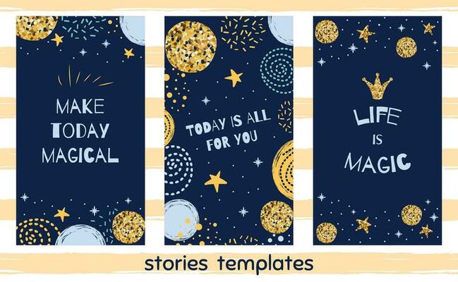 Story template for social media Set with quotes Life is Magic Cute Christmas design background for social net stories Bright story cover design. Glittering gold colors banner. Vector illustration.