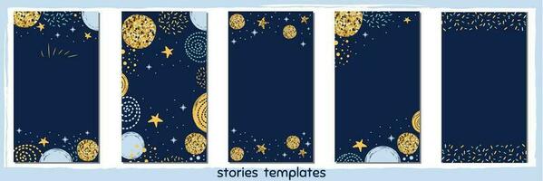 Vertical banner set Story template for social media Set with place for text Magic bright glitter gold design background for social net stories Bright story cover design. Dotted vector illustration.