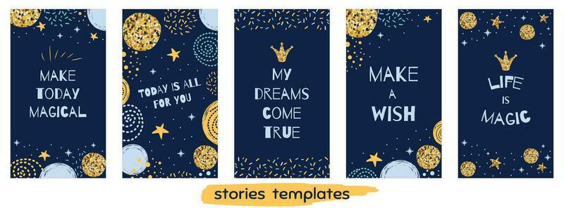 Story template for social media Set with quotes Life is Magic Cute Christmas design background Social net stories Bright story collection. Glittering gold colors vertical banner. Vector illustration.