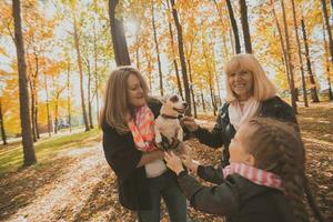 Grandmother and mother with granddaughter having fun with dog in autumn season. Generation, leisure and family concept photo