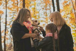 Grandmother and mother with granddaughter having fun with dog in autumn season. Generation, leisure and family concept photo