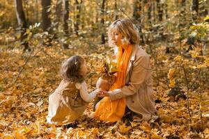 Young mother with her little daughter in an autumn park. Fall season, parenting and children concept. photo
