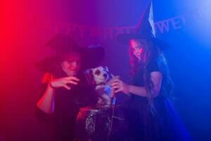 Two halloween witches making a potion and conjure in halloween night. Magic, holidays and mystic concept. photo