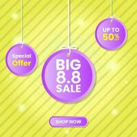 Circle price tag. Big Sale 8.8 promotion template. Up To 50 percent off. yellow background, diagonal stripes pattern. Text, modern, sparkling, colorful concept. used for poster, banner, advert or ads vector