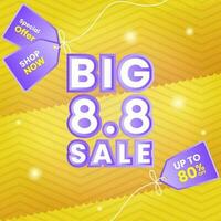 Big 8.8 Sale promotion template. Up To 80 percent off. yellow background, zig zag stripes pattern. Text, modern, sparkling, colorful concept. used for poster, banner, advertising or ads vector