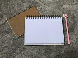 School books, office stationery, gray background photo