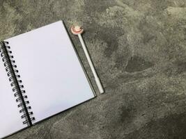 School books, office stationery, gray background photo