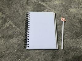 School books, office stationery, gray background photo