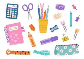 Vector school supplies set. Back to school. Hand drawn cute stickers school stationery. Cartoon illustration in a flat style on a white background.