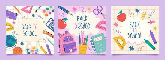 Set of Back to school banner template. Flat cartoon hand draw illustration. Vector modern design with cute school supplies. Perfect for social media, web ads, print, flyers, cards.