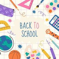 Back to school banner template. Flat cartoon hand draw illustration. Vector design with school supplies. Perfect for social media, web ads, print, flyers, cards.