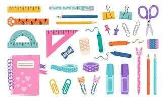 Cute school stationery set. Vector hand draw illustration in a flat cartoon style. Notebook, pencils, rulers, washing, sharpener, paper clips, tape. Various accessories for study and creativity.