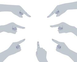 Set of hand gestures pointing to blank space in center, flat vector illustration.