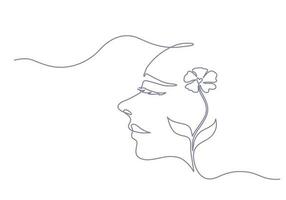 Continuous line art of a happy woman with a flower, lineart vector illustration.