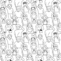 Seamless pattern with crowd of people, outline doodle cartoon style. vector