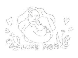 Handdrawn mom hugging child, mother's day concept. Black and white dotted line drawing. vector