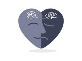 Sad and happy emotion in the same face on heart shape, Mental health awareness and self care concept. Flat vector illustration.