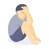 Isolated of a scared boy sitting on the floor with hands over head. Flat vector illustration.