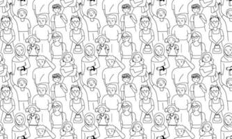 Seamless pattern with crowd of people, outline doodle cartoon style. vector