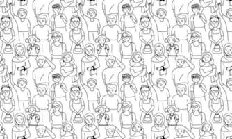 Seamless pattern with crowd of people, outline doodle cartoon style. vector