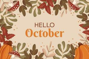 Autumn Hello October background design with different leaves branches, pumpkins and mushroom fly agaric, copy space. Fall concept backdrop frame with autumn vegetable and foliage. vector
