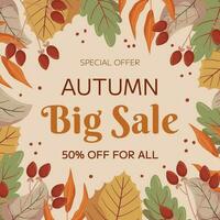 Autumn Big Sale square template design with copy space. Concept for square social media post frame with different leaves and berries on a twig. vector