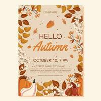 Hello Autumn Party poster template design. Frame with different leaves branches, pumpkins and acorns, white berry on twig. Event invitation for club vector