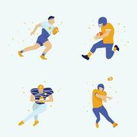 Rugby player set. Cartoon Rugby players in action and motion. Vector illustration