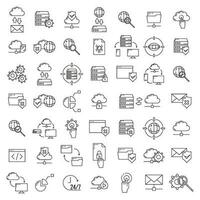 Set of online database cloud computer technology icon, remote data storage, protect information outline flat vector illustration, isolated on white.