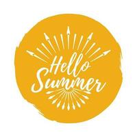 Hello Summer label. Font with Brush. Summer and Beach badges. Vector illustration icon with Sunburst