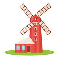 Country house with red mill, farm barn and granary building on green farm field plot cartoon vector illustration, isolated on white.