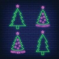 Concept christmas fir tree icon with star green neon glow style, happy new year and merry christmas flat vector illustration, isolated on black.