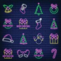 Concept set of christmas 16 icon, neon glow style, happy new year and merry christmas flat vector illustration, isolated on brick black.