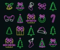 Concept set of christmas 20 icon, neon glow style, happy new year and merry christmas flat vector illustration, isolated on black.